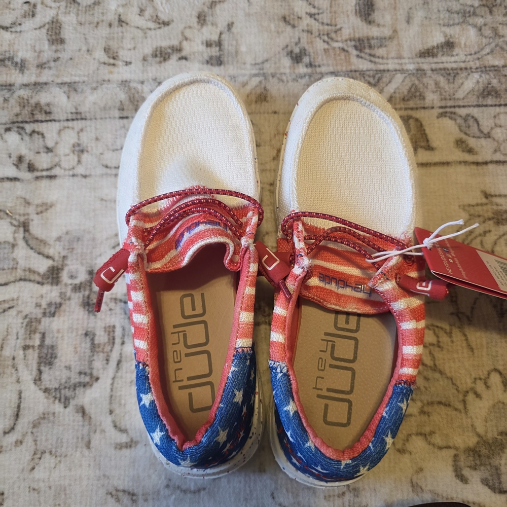 Hey Dude Kids Moccasins - White, Red, and Blue